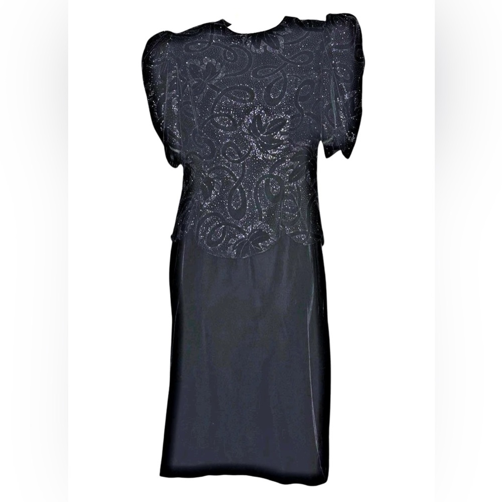 Vtg Scott McClintock Black Velvet Dress Sz 10 Sparkle Puff Sleeves Formal‎ 80s